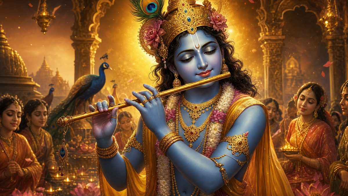 Achyutashtakam banner — devotional illustration of Lord Krishna, blue-skinned, playing his flute, a peacock feather in his crown.