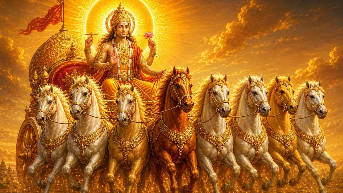 Aaditya Hridaya Stotra banner — devotional illustration of the radiant Sun god Surya riding a golden chariot drawn by seven horses, a brilliant solar halo behind him.
