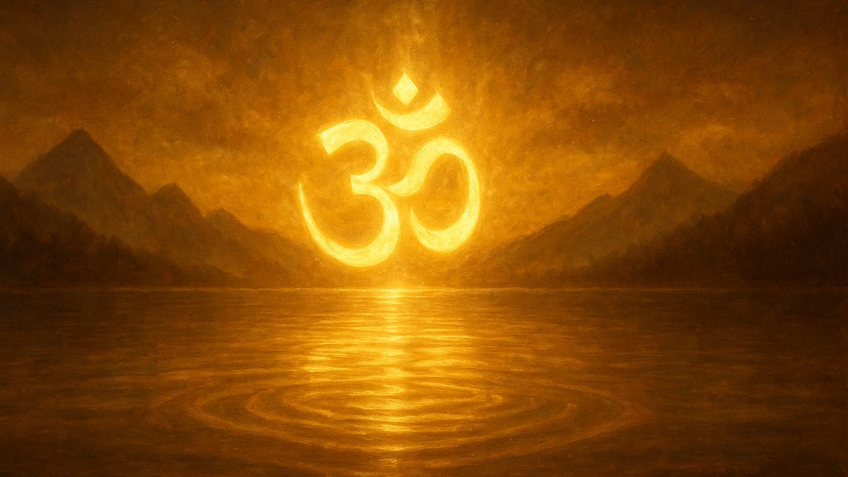 Aghamarshana Suktam banner — devotional illustration of the sacred syllable Om (ॐ) as a radiant golden form floating over a serene Himalayan lake at dawn, ripples of light, cosmic and utterly peaceful — abstract, no deity figure.