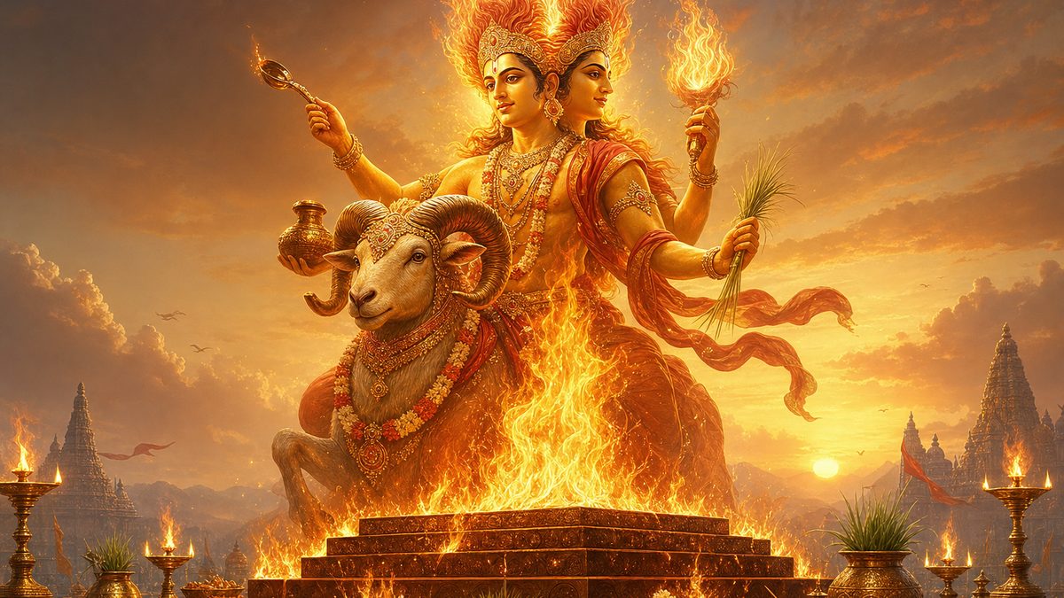 Agni Suktam banner — devotional illustration of Agni the Vedic fire deity rising from a blazing homa kunda, two-faced radiant god with flame-hair and golden limbs riding a ram, ghee offerings and darbha grass around the sacred vedi under a dawn sky.