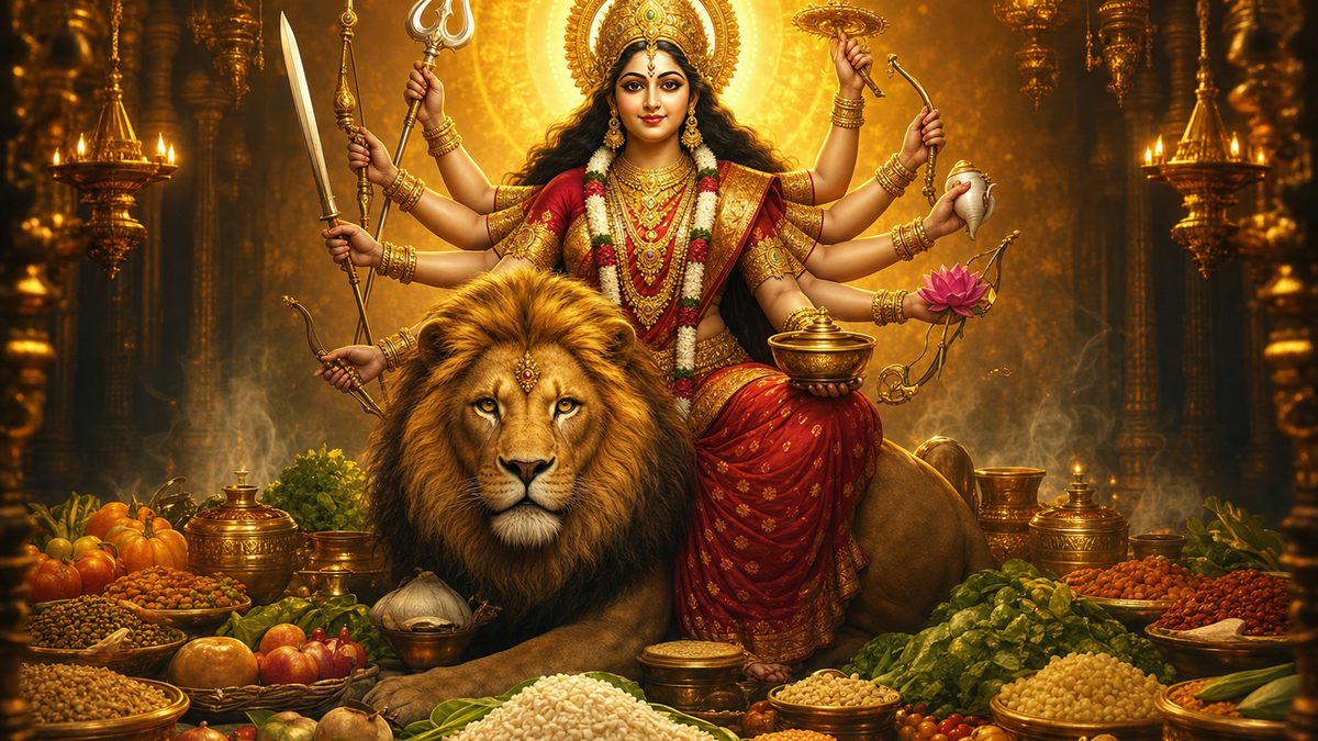 Annapurna Stotram banner — devotional illustration of the Goddess Durga riding a lion, many arms bearing divine weapons, fierce yet compassionate.