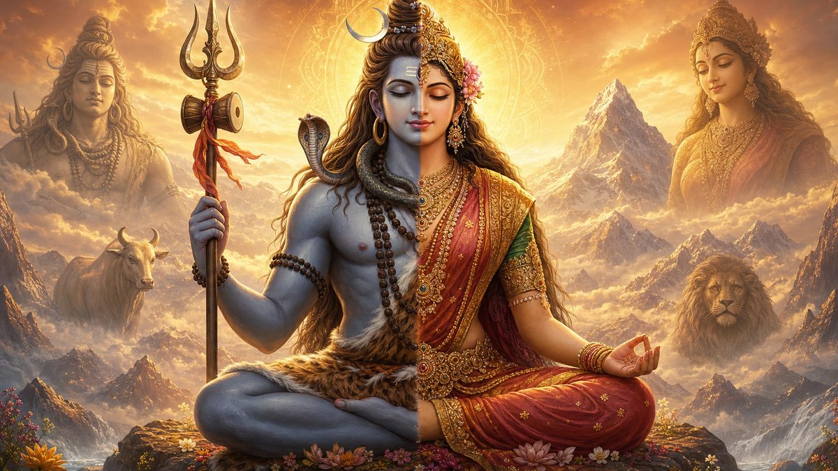 Ardhanarishwara Stotram banner — devotional illustration of Lord Shiva in deep meditation on a mountain, crescent moon and Ganga in his hair, trident and serpent.