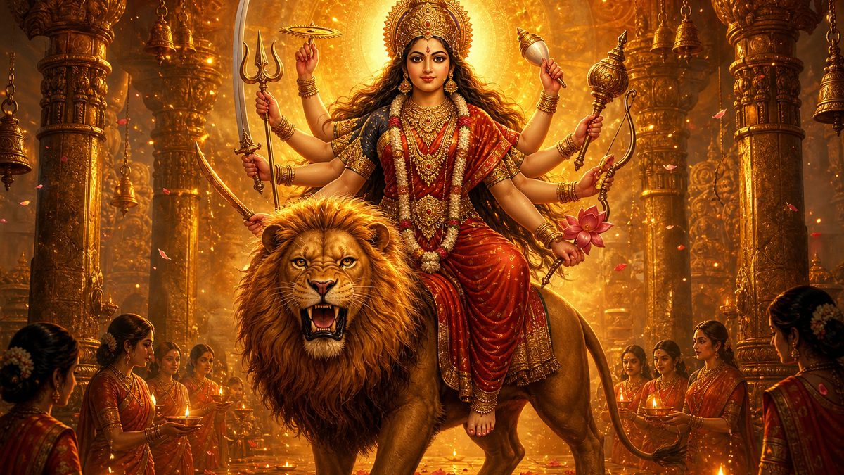 Argala Stotram banner — devotional illustration of the Goddess Durga riding a lion, many arms bearing divine weapons, fierce yet compassionate.