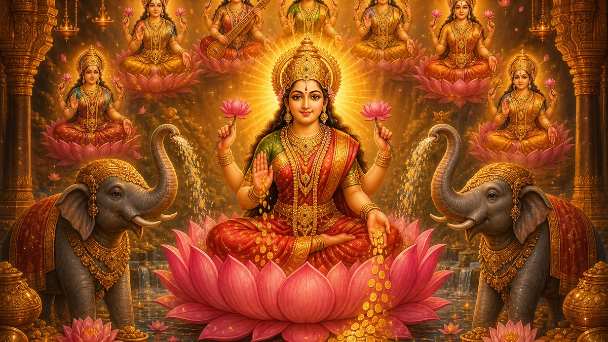 Ashtalakshmi Stotram banner — devotional illustration of the Goddess Lakshmi seated on a pink lotus, gold coins flowing from her hand, flanked by elephants.