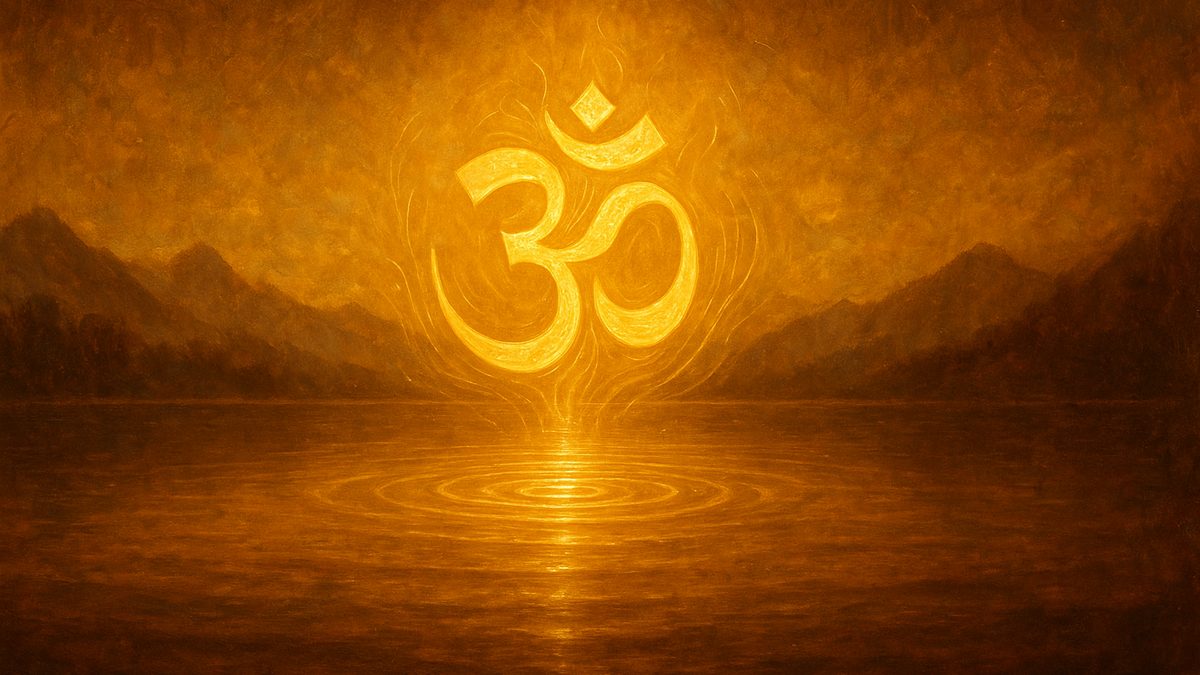 Ayushya Suktam banner — devotional illustration of the sacred syllable Om (ॐ) as a radiant golden form floating over a serene Himalayan lake at dawn, ripples of light, cosmic and utterly peaceful — abstract, no deity figure.