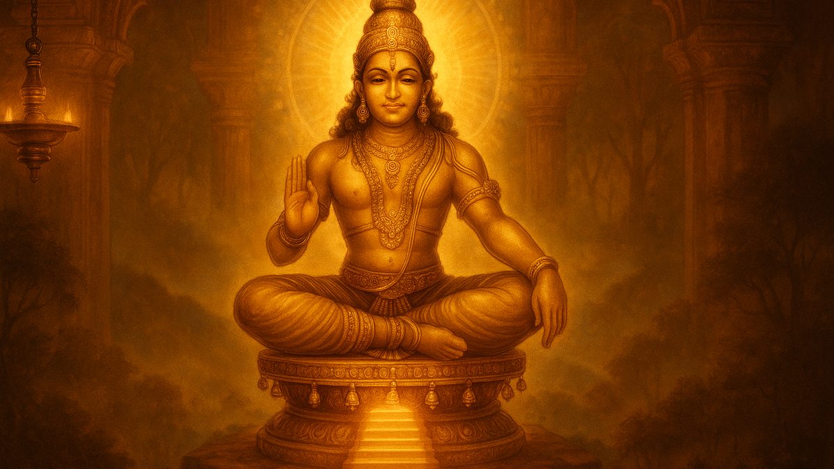 Ayyappa Ashtottara Shatanamavali banner — devotional illustration of Lord Ayyappa (Dharmashasta) seated in yogic chinmudra posture on a jeweled pedestal, a golden bell-adorned band around his knees, the eighteen sacred steps of Sabarimala glowing below him amid misty forested hills.