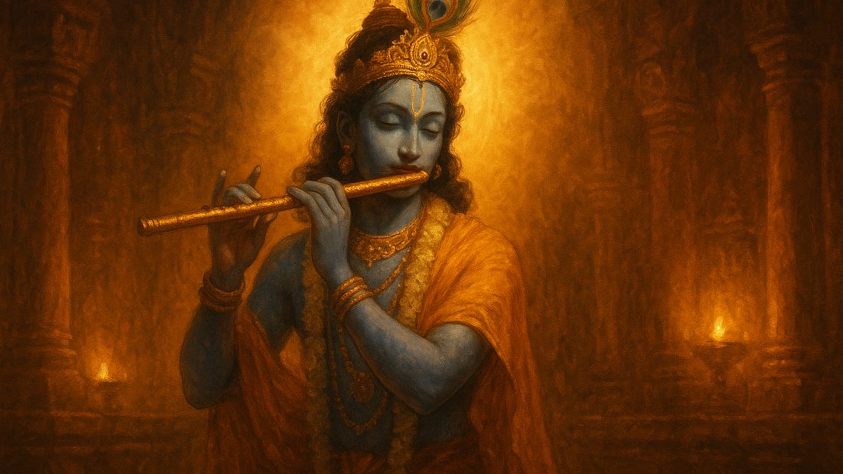 Bala Mukundashtakam banner — devotional illustration of Lord Krishna, blue-skinned, playing his flute, a peacock feather in his crown.