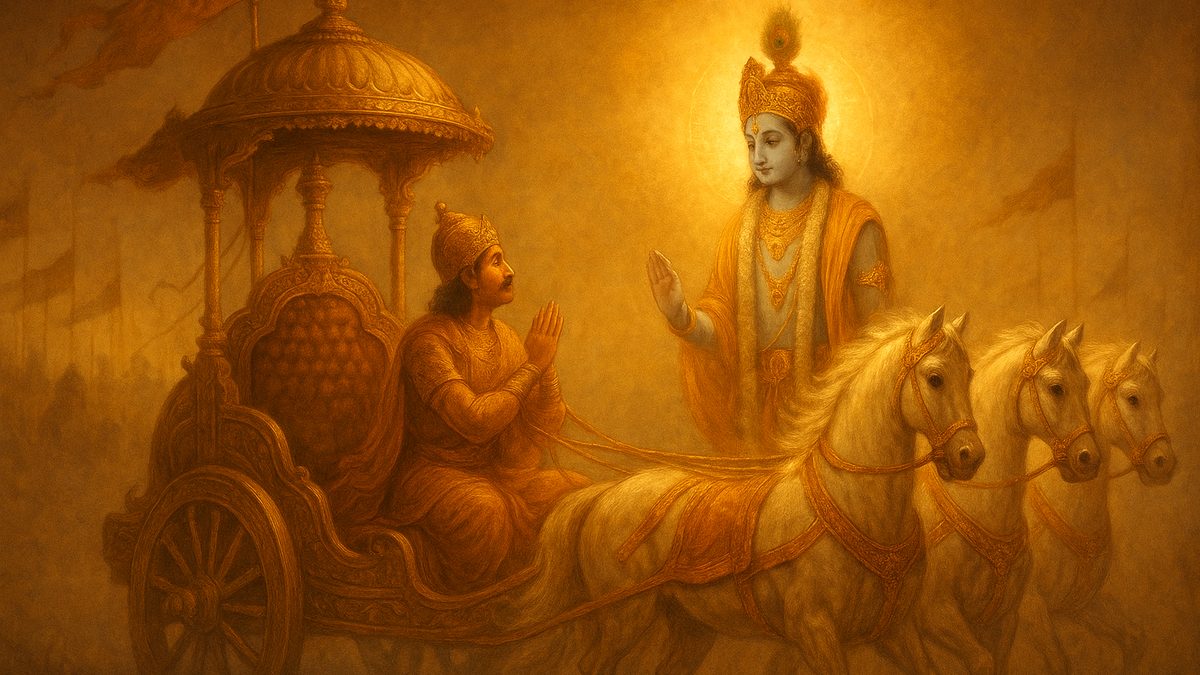 Bhagavad Gita banner — devotional illustration of Lord Krishna as charioteer counseling the warrior Arjuna on a golden chariot amid the misty field of Kurukshetra at dawn, white horses, banners fluttering, divine radiance around Krishna.