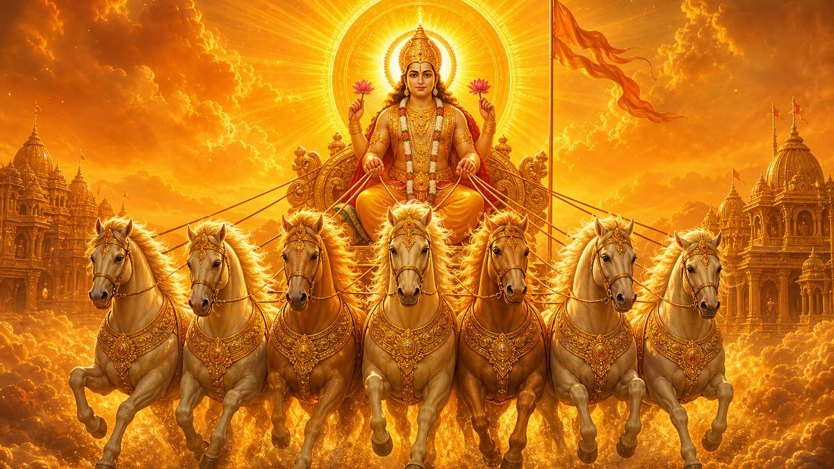 Bhagya Suktam banner — devotional illustration of the radiant Sun god Surya riding a golden chariot drawn by seven horses, a brilliant solar halo behind him.