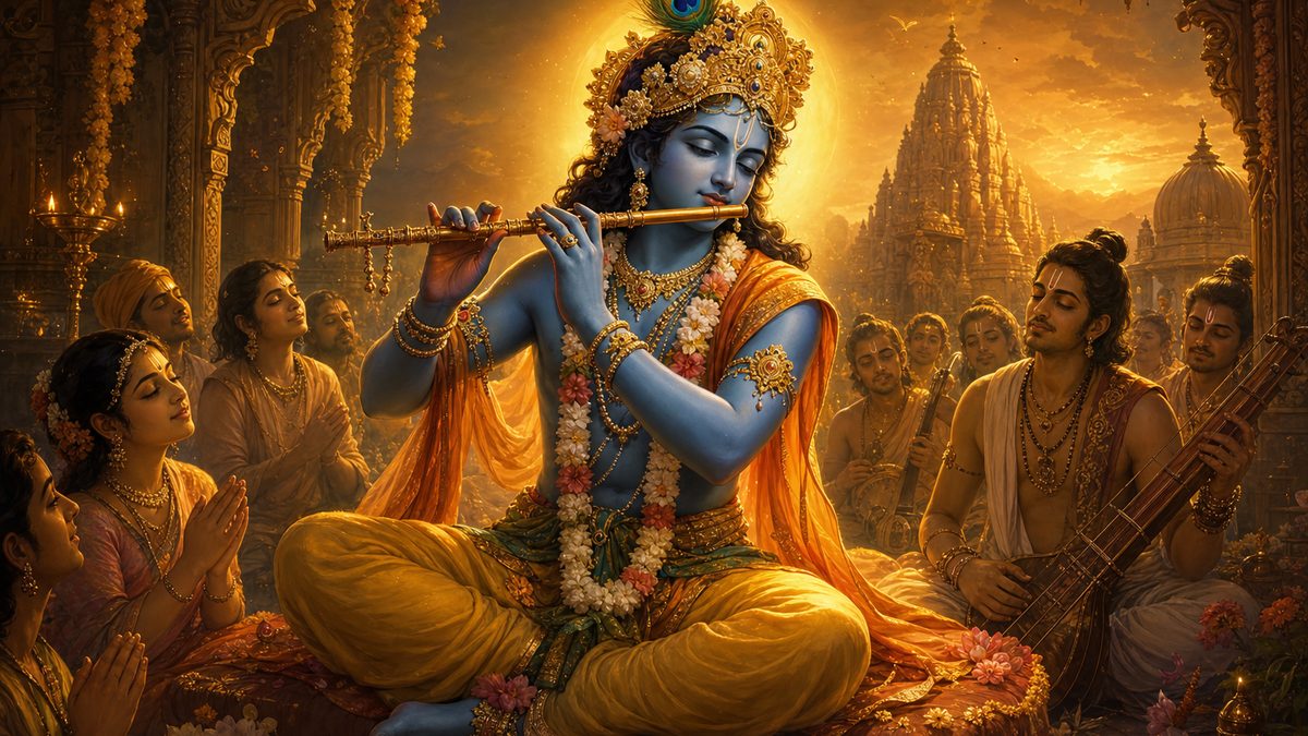 Bhaja Govindam banner — devotional illustration of Lord Krishna, blue-skinned, playing his flute, a peacock feather in his crown.