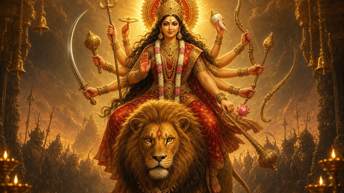 Bhavani Ashtakam banner — devotional illustration of the Goddess Durga riding a lion, many arms bearing divine weapons, fierce yet compassionate.