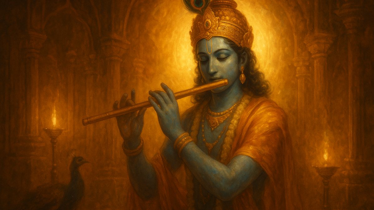 Bhishma Stuti banner — devotional illustration of Lord Krishna, blue-skinned, playing his flute, a peacock feather in his crown.