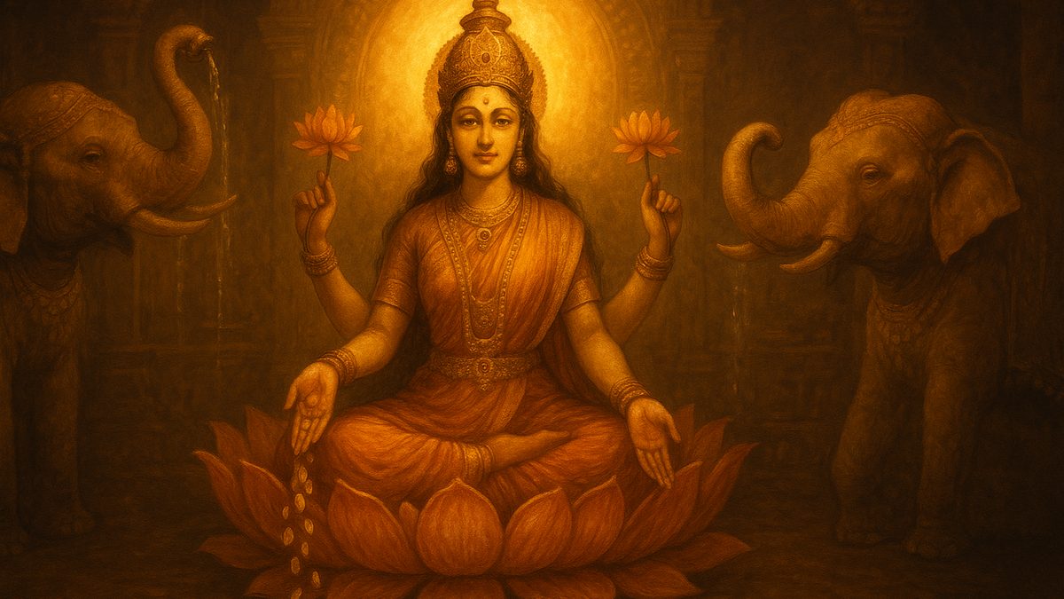 Bhu Suktam banner — devotional illustration of the Goddess Lakshmi seated on a pink lotus, gold coins flowing from her hand, flanked by elephants.