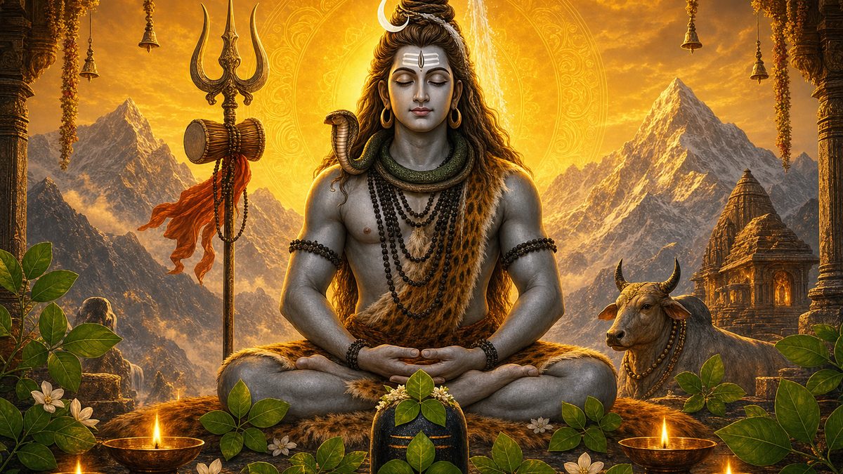Bilvashtakam banner — devotional illustration of Lord Shiva in deep meditation on a mountain, crescent moon and Ganga in his hair, trident and serpent.