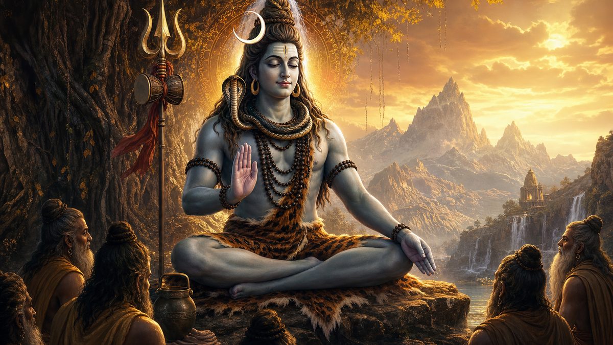 Dakshinamurthy Stotram banner — devotional illustration of Lord Shiva in deep meditation on a mountain, crescent moon and Ganga in his hair, trident and serpent.