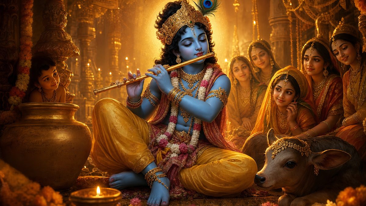 Damodarashtakam banner — devotional illustration of Lord Krishna, blue-skinned, playing his flute, a peacock feather in his crown.
