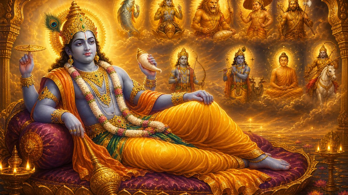 Dashavatara Stotram banner — devotional illustration of the four-armed Lord Vishnu holding conch, discus, mace and lotus, reclining calm and majestic.