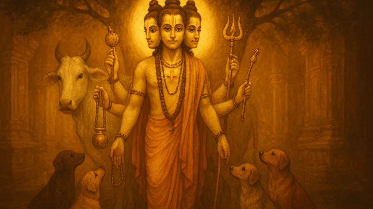 Dattatreya Stotram banner — devotional illustration of Lord Dattatreya, the serene three-headed avadhuta embodying Brahma, Vishnu and Shiva, six-armed with mala, kamandalu, damaru, trident, conch and discus, the wish-fulfilling cow behind him and four dogs at his feet beneath an audumbara tree.