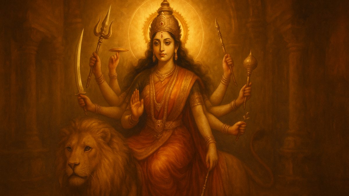 Devi Bhujangam banner — devotional illustration of the Goddess Durga riding a lion, many arms bearing divine weapons, fierce yet compassionate.