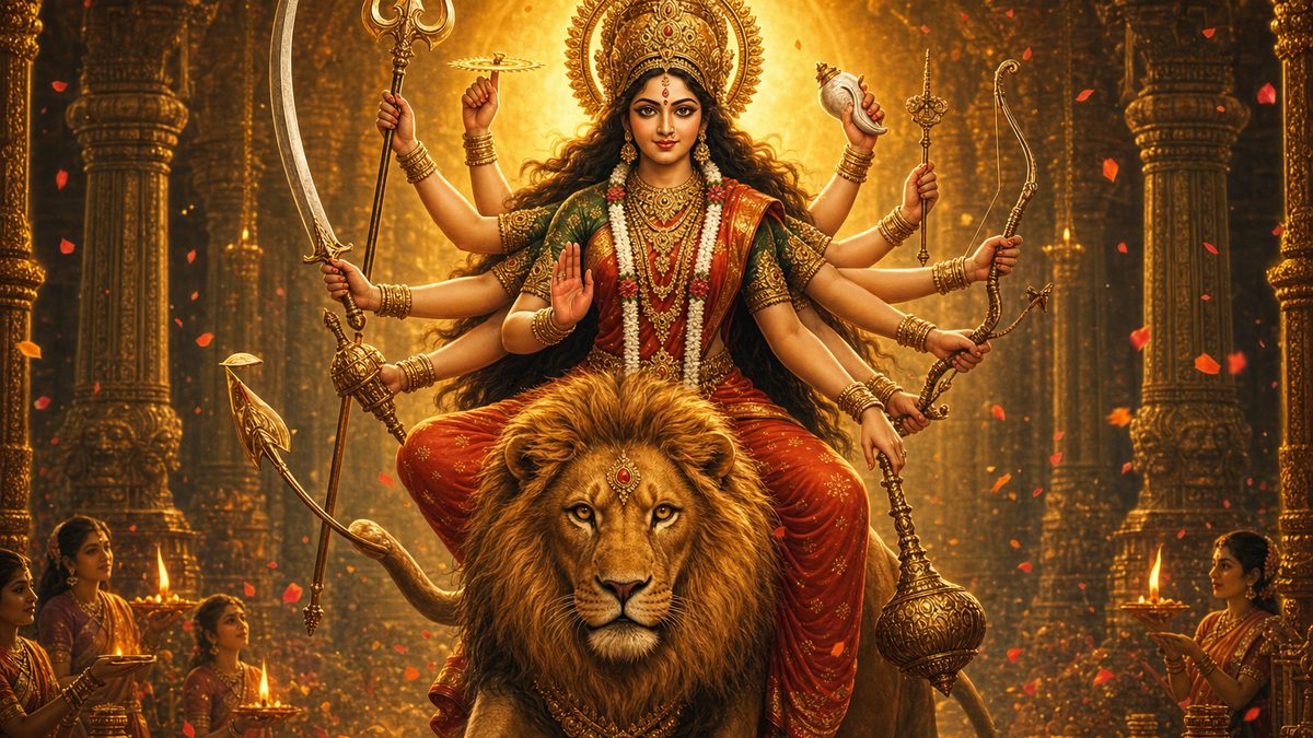 Devi Kavacham banner — devotional illustration of the Goddess Durga riding a lion, many arms bearing divine weapons, fierce yet compassionate.