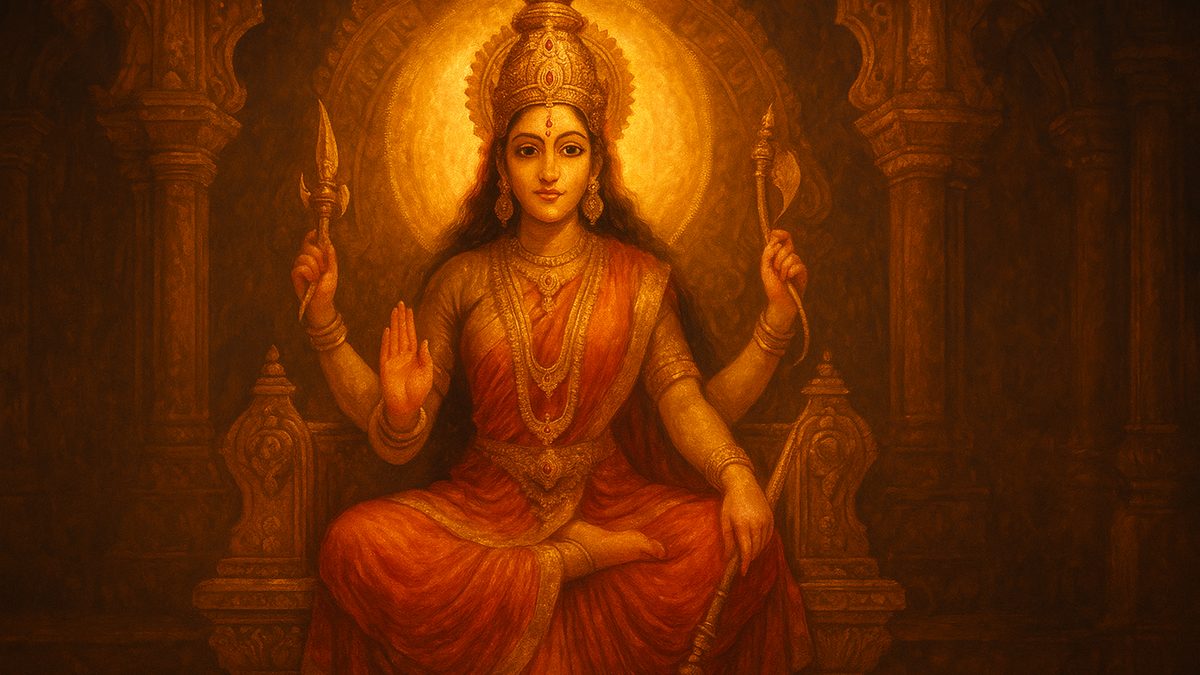 Devi Khadgamala Stotram banner — devotional illustration of the resplendent Goddess Lalita Tripurasundari seated on a jeweled throne, luminous crimson and gold.