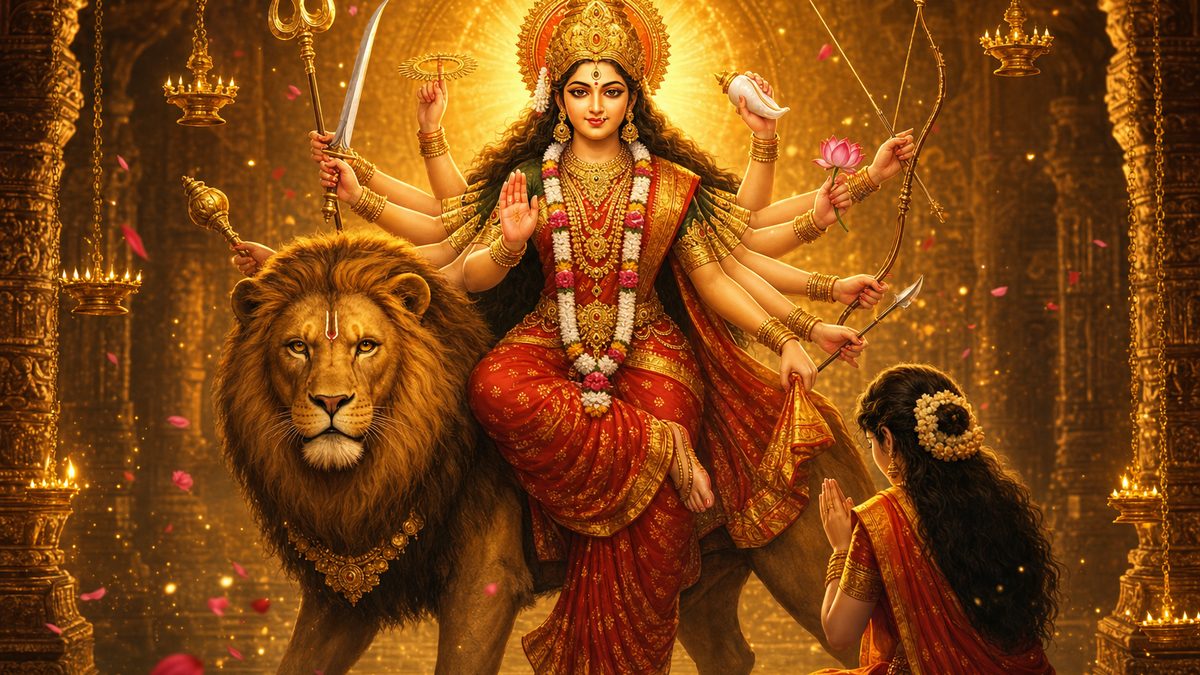 Devyaparadha Kshamapana Stotram banner — devotional illustration of the Goddess Durga riding a lion, many arms bearing divine weapons, fierce yet compassionate.