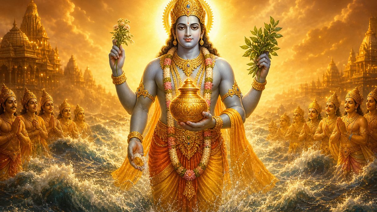 Dhanvantari Stotram banner — devotional illustration of Lord Dhanvantari, the divine physician, four-armed, emerging from the milk ocean holding the golden amrita kalasha (nectar pot), herbs and a leech-free luminous aura of healing.
