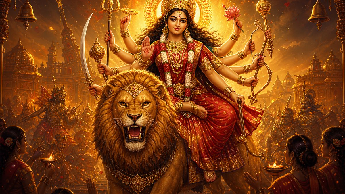 Durga Ashtottara Shatanamavali banner — devotional illustration of the Goddess Durga riding a lion, many arms bearing divine weapons, fierce yet compassionate.