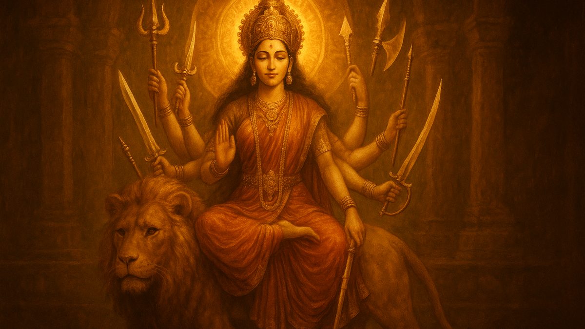 Durga Dvatrimshannama Mala banner — devotional illustration of the Goddess Durga riding a lion, many arms bearing divine weapons, fierce yet compassionate.