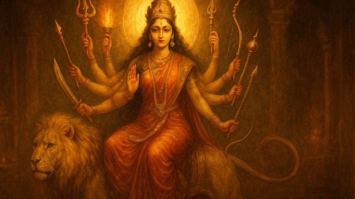 Durga Sahasranama banner — devotional illustration of the Goddess Durga riding a lion, many arms bearing divine weapons, fierce yet compassionate.