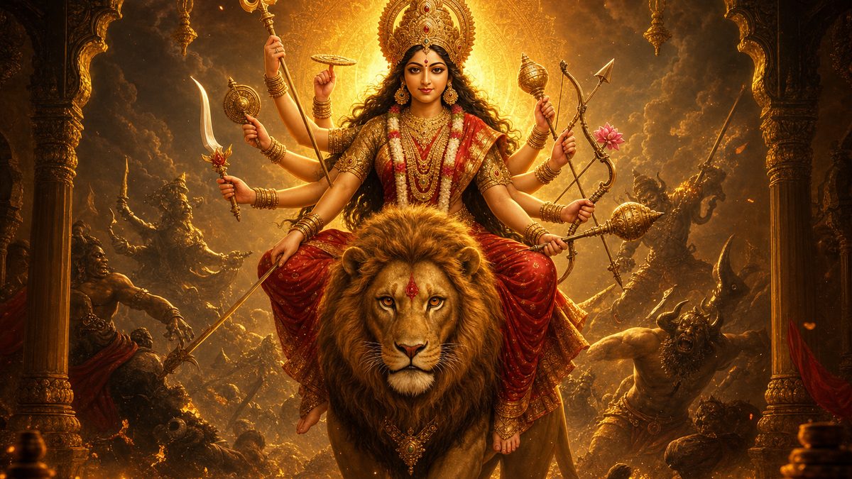 Durga Saptashloki banner — devotional illustration of the Goddess Durga riding a lion, many arms bearing divine weapons, fierce yet compassionate.