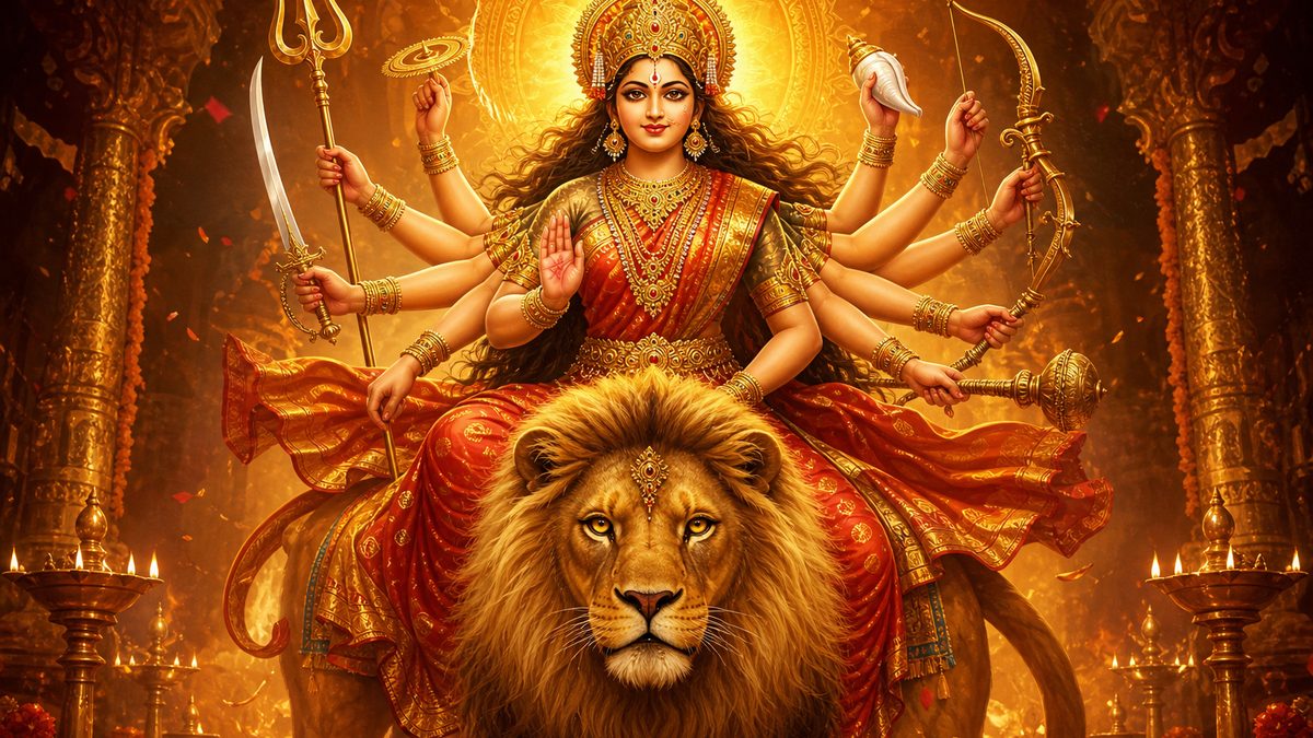 Durga Suktam banner — devotional illustration of the Goddess Durga riding a lion, many arms bearing divine weapons, fierce yet compassionate.