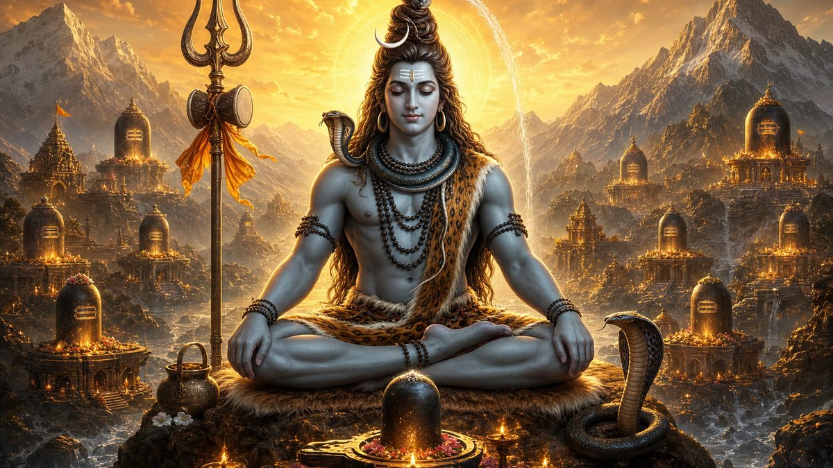 Dwadasha Jyotirlinga Stotram banner — devotional illustration of Lord Shiva in deep meditation on a mountain, crescent moon and Ganga in his hair, trident and serpent.