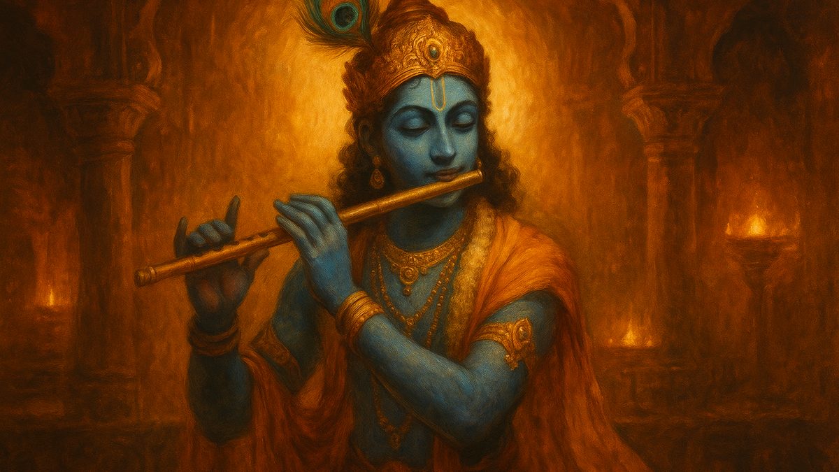 Ekashloki Bhagavatam banner — devotional illustration of Lord Krishna, blue-skinned, playing his flute, a peacock feather in his crown.