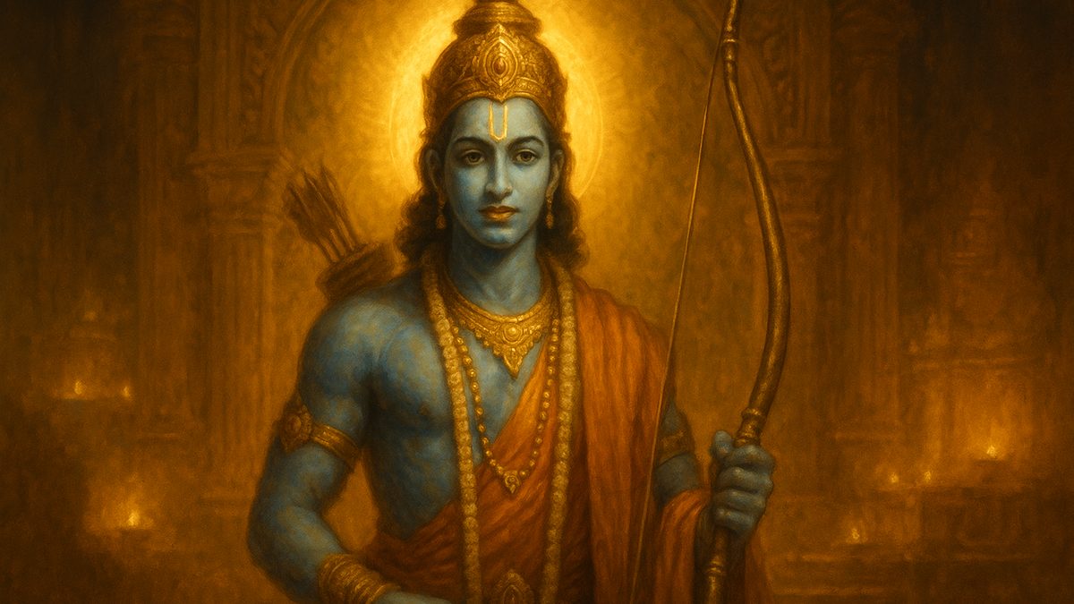 Ekashloki Ramayanam banner — devotional illustration of Lord Rama, blue-skinned and regal, holding his bow, a serene royal presence.