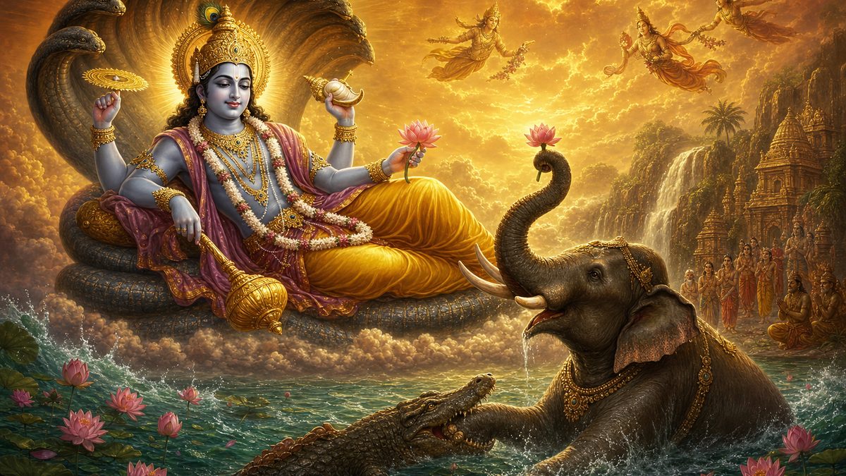 Gajendra Moksha banner — devotional illustration of the four-armed Lord Vishnu holding conch, discus, mace and lotus, reclining calm and majestic.