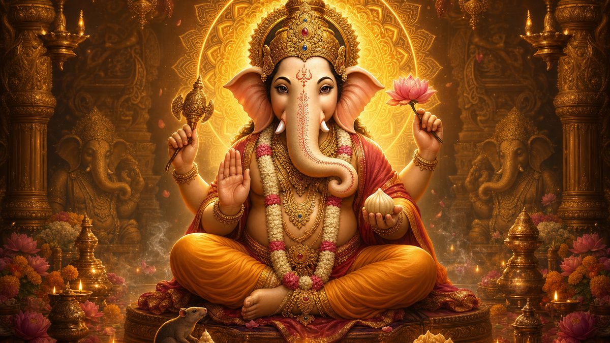Ganapati Atharvashirsha banner — devotional illustration of the elephant-headed Lord Ganesha seated serenely, holding a modaka and lotus, adorned with garlands.