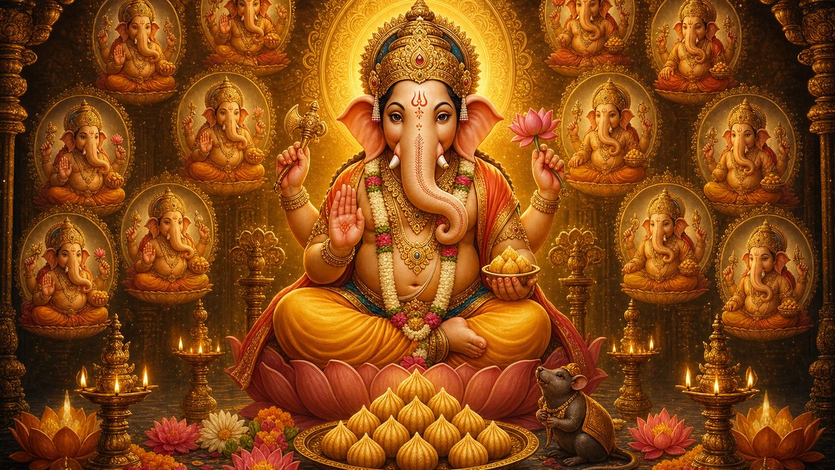 Ganesha Ashtottara Shatanamavali banner — devotional illustration of the elephant-headed Lord Ganesha seated serenely, holding a modaka and lotus, adorned with garlands.