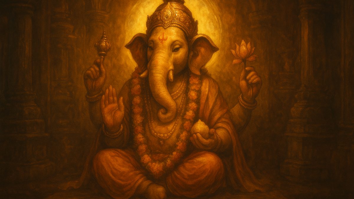 Ganesha Bhujangam banner — devotional illustration of the elephant-headed Lord Ganesha seated serenely, holding a modaka and lotus, adorned with garlands.