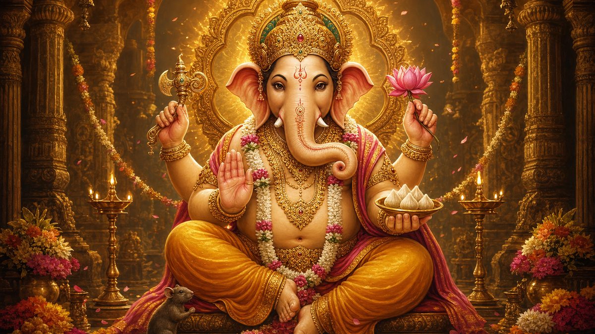 Ganesha Pancharatnam banner — devotional illustration of the elephant-headed Lord Ganesha seated serenely, holding a modaka and lotus, adorned with garlands.