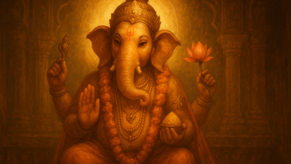 Ganesha Sahasranama banner — devotional illustration of the elephant-headed Lord Ganesha seated serenely, holding a modaka and lotus, adorned with garlands.