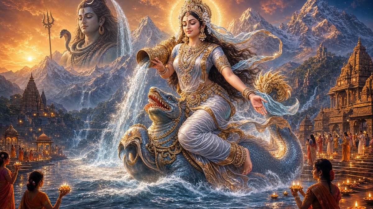 Ganga Stotram banner — devotional illustration of the goddess Ganga descending in a luminous cascade from the Himalayas, a graceful devi upon a makara amid silver torrents, Shiva's distant matted locks receiving the stream under a twilight sky, ghats with flickering diya lamps below.