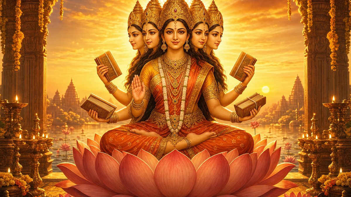 Gayatri Mantra banner — devotional illustration of the five-faced Goddess Gayatri seated on a blooming lotus at dawn, holding the Vedas, bathed in golden sunrise light.