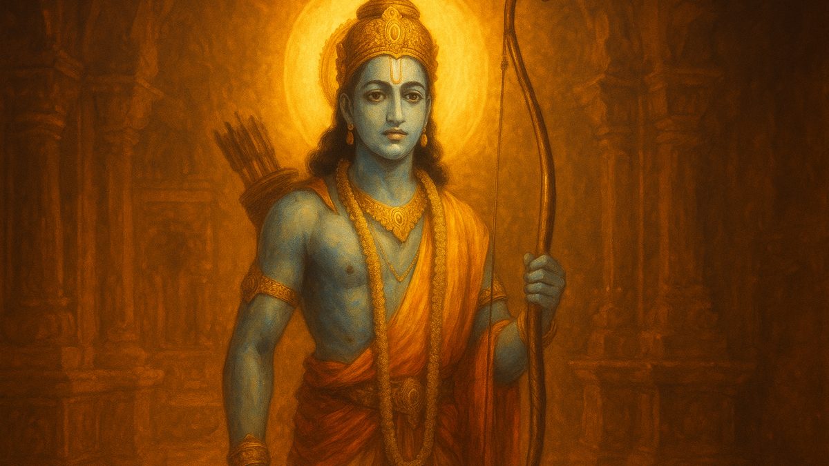Gayatri Ramayanam banner — devotional illustration of Lord Rama, blue-skinned and regal, holding his bow, a serene royal presence.