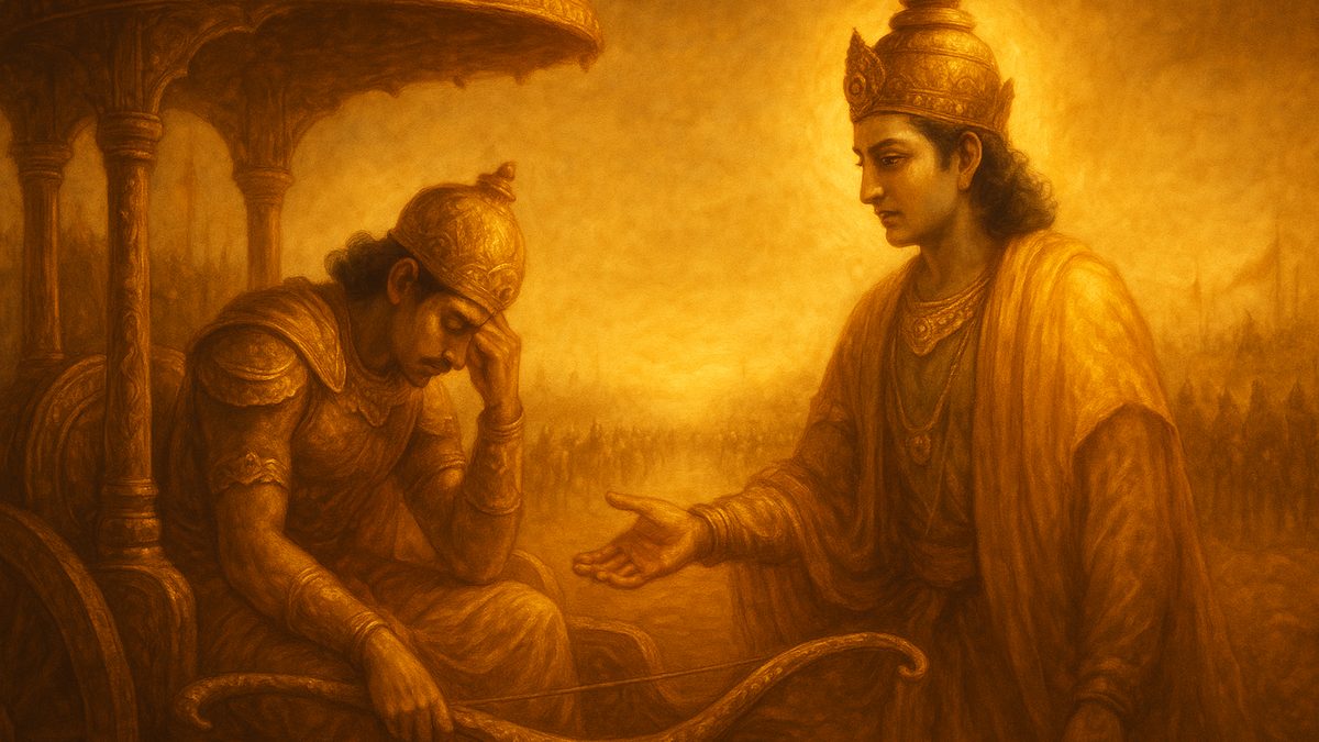 Gita Chapter 1 — Arjuna Vishada Yoga banner — devotional illustration of the despondent warrior Arjuna slumped in his war chariot dropping his great bow, Krishna the charioteer turning to him with compassion, two vast armies arrayed in the misty dawn of Kurukshetra.