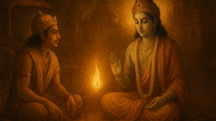 Gita Chapter 2 — Sankhya Yoga banner — devotional illustration of Krishna calmly teaching a attentive Arjuna beside the chariot, a serene eternal flame symbolizing the indestructible soul hovering between them, fallen weapons at rest.