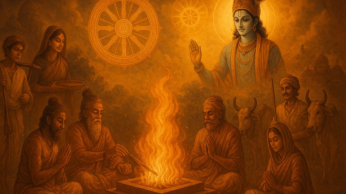 Gita Chapter 3 — Karma Yoga banner — devotional illustration of villagers, farmers and sages joyfully performing their daily duties around a sacred fire altar, Krishna overseeing the wheel of action turning in the golden sky.