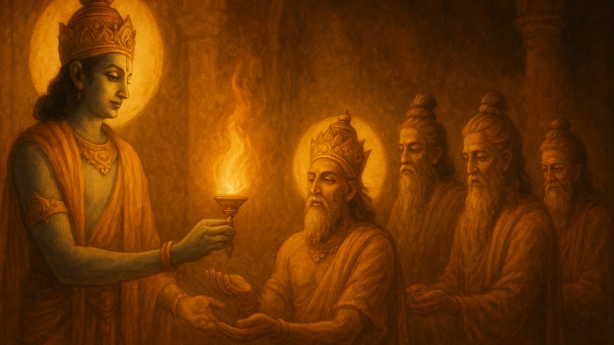 Gita Chapter 4 — Jnana Karma Sannyasa Yoga banner — devotional illustration of a luminous lineage of sages passing a flame of knowledge hand to hand through the ages, Krishna teaching the sun god Vivasvan at the head of the chain.
