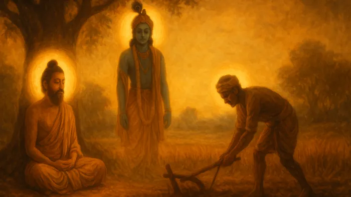 Gita Chapter 5 — Karma Sannyasa Yoga banner — devotional illustration of a serene renunciate meditating under a tree while a householder works a field beside him, both haloed equally, Krishna's presence uniting the two paths in warm light.