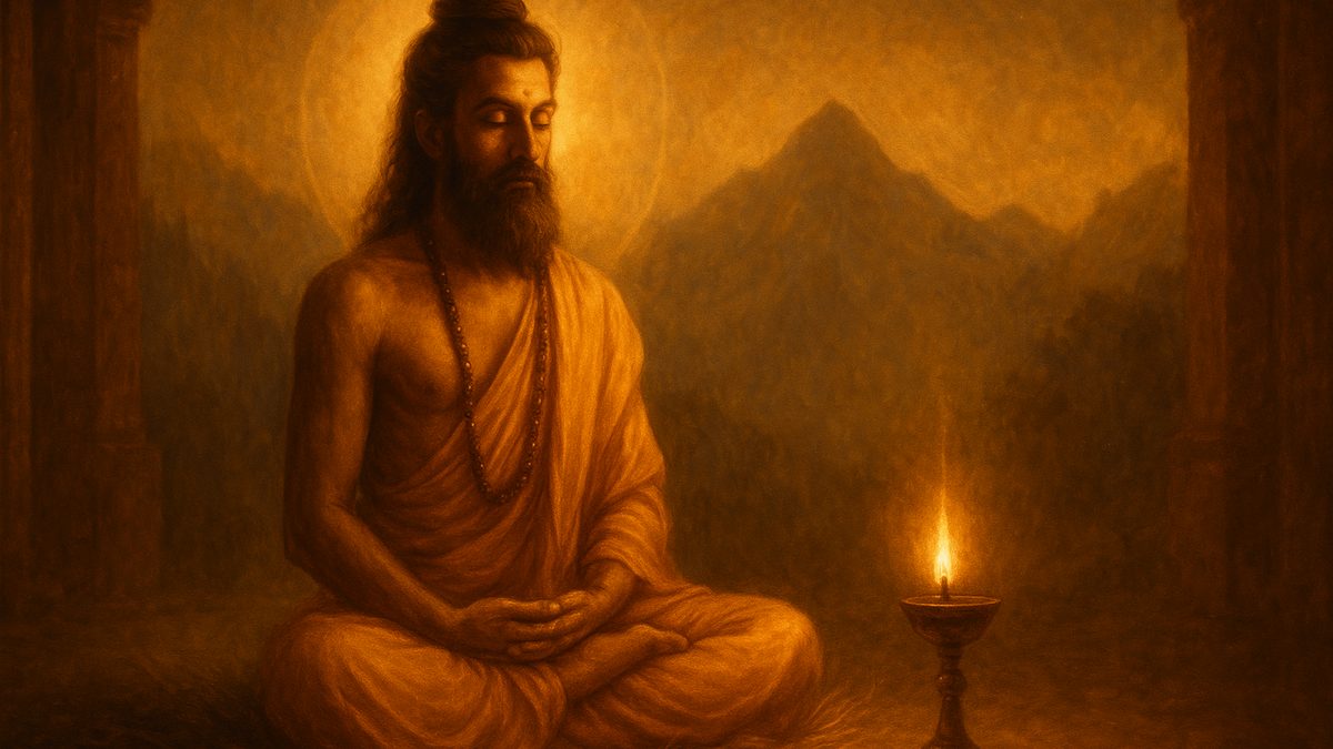Gita Chapter 6 — Dhyana Yoga banner — devotional illustration of a yogi seated in perfect lotus posture on kusha grass in Himalayan solitude at dusk, a steady oil-lamp flame unflickering in the windless air beside him.